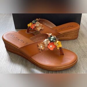 Marella Women's Leather Sandals Thong Shoes Jewel Crystal Floral Accents sz 8.5